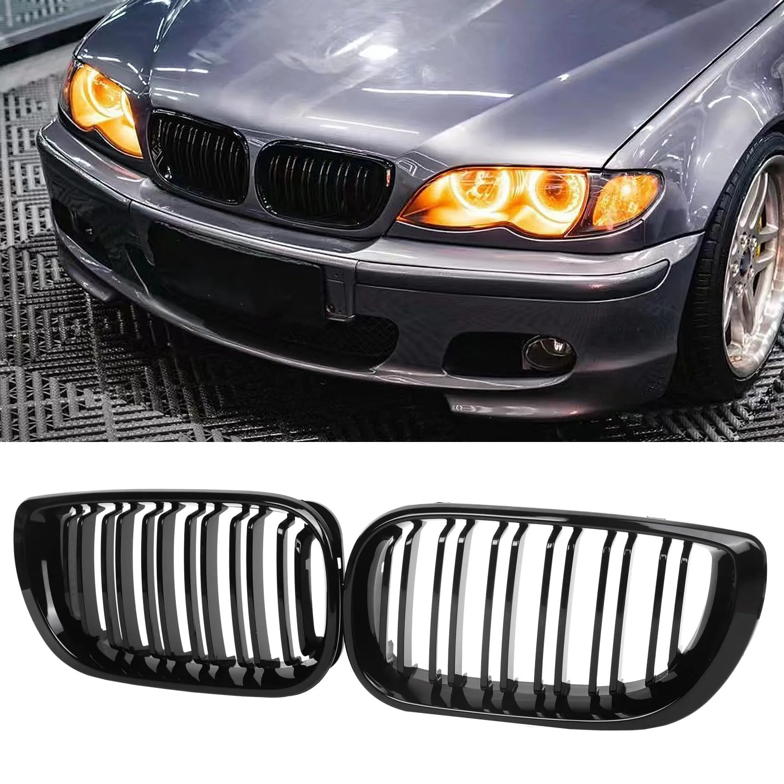 E46 Решетка передняя решетка для почек для BMW 3 серии 2002-2005 E46 4-дверная 320i 325i 325xi 330i 330xi Черная решетка с двойными планками