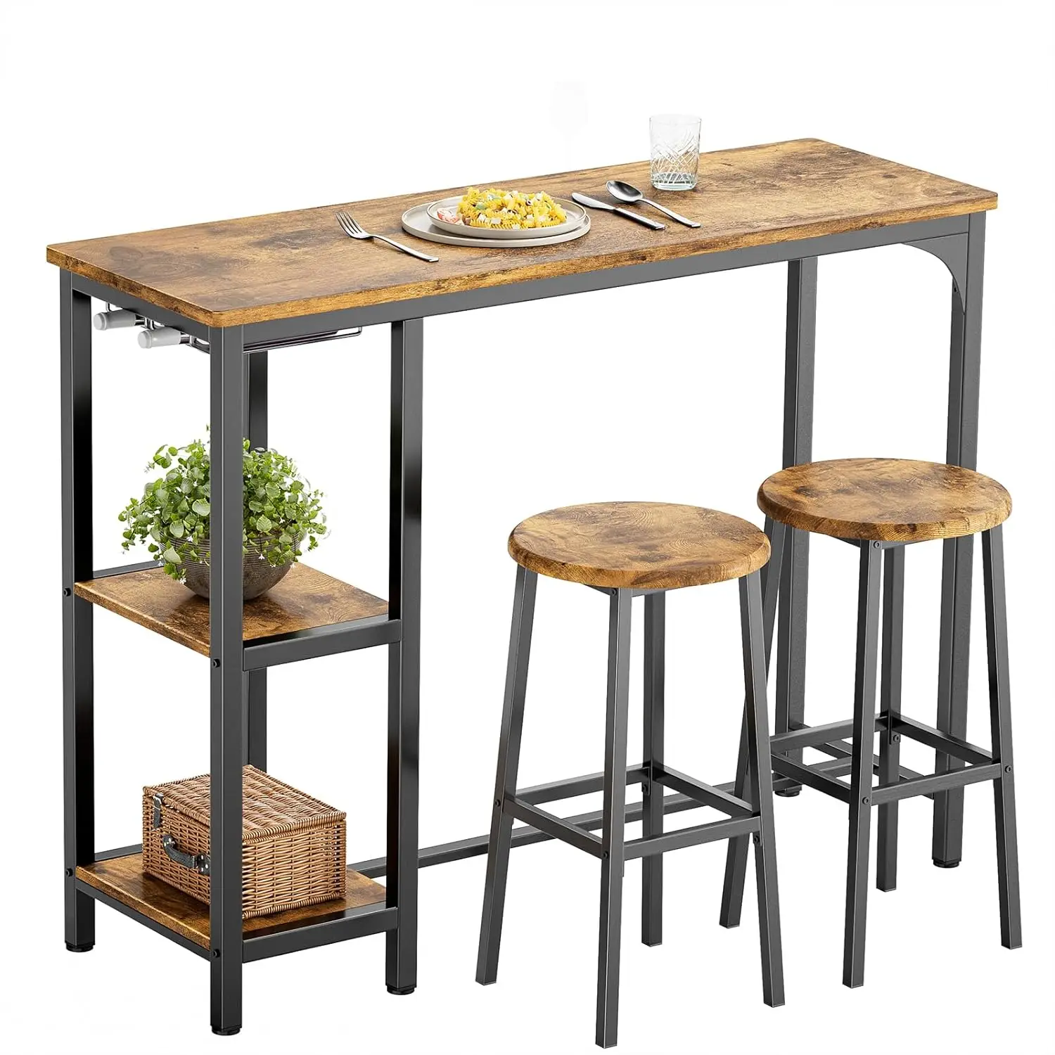 Juego de Mesa de Bar con taburetes para 2 Personas, Juego de Mesa de Pub con 2 estantes y Soporte para Cristal, Juego de Mesa de