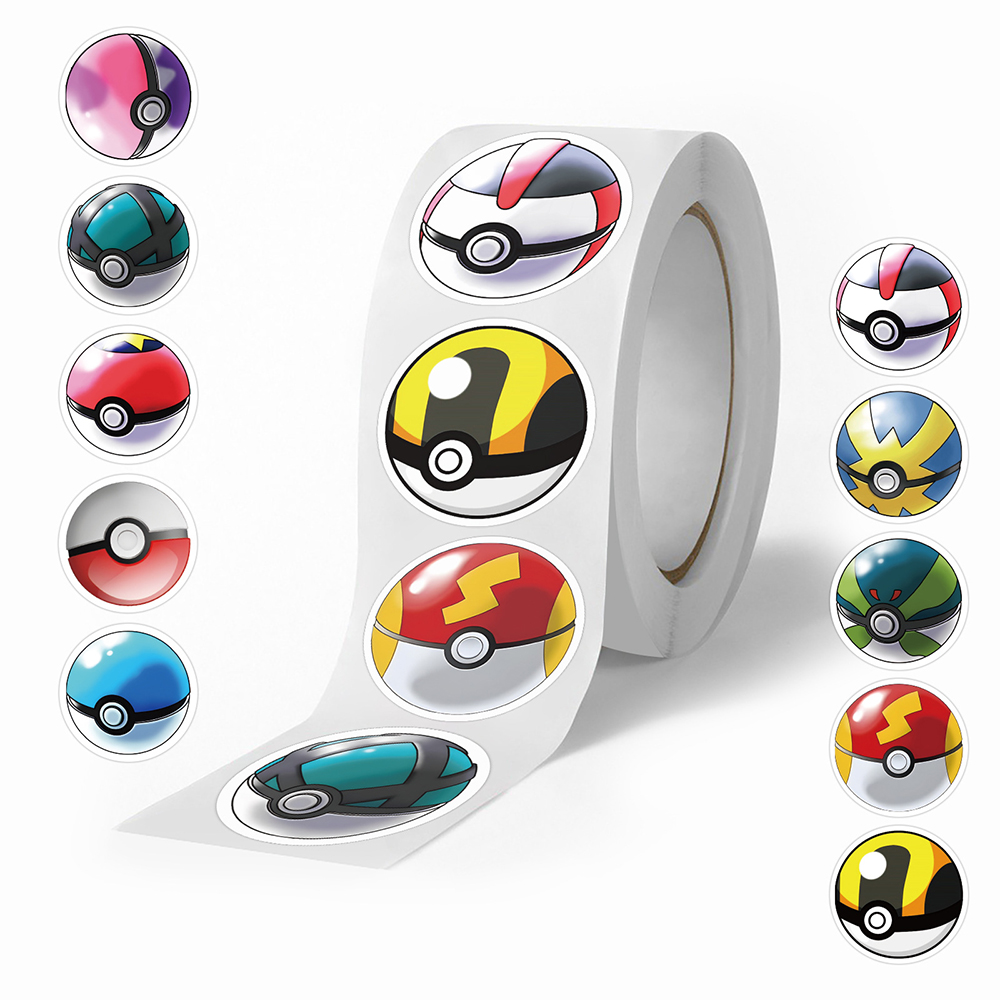 500 Uds animación de dibujos animados Pokemon Poke Ball pegatina rollo de cinta cuenta de mano DIY pegatina de sellado decorativa juguete de taza impermeable
