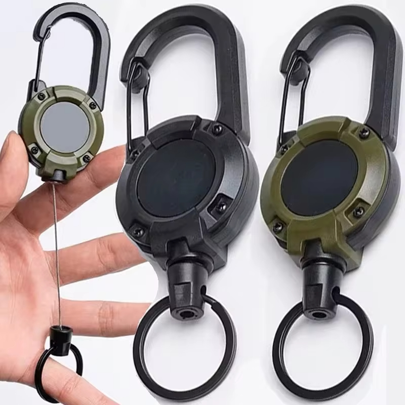 Retractable Heavy Duty Pull Reel Carabiner Strong Steel Wire Rope Buckle Spring Key Ring Outdoor Sporty attachment Keychain Tool