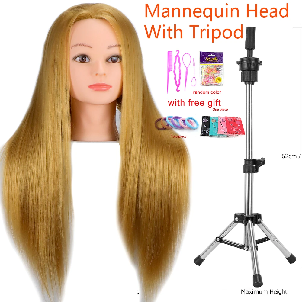 Cabeza de maniquí 100% pelo sintético cabeza de entrenamiento de peluquería con trípode maniquí cosmetología cabeza de muñeca para peinado trenzado