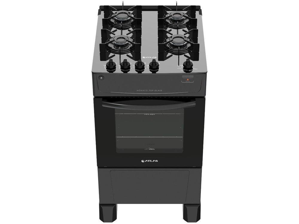 Fogão 4 Bocas Atlas Preto Mesa de Vidro Mônaco Top Glass - Bivolt