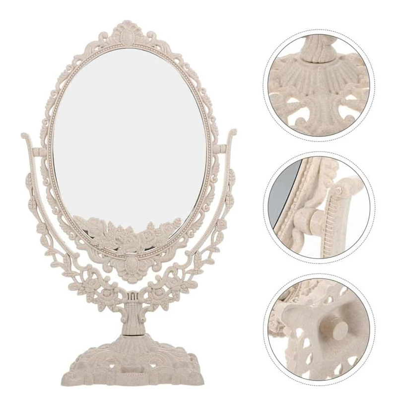 Espejo de maquillaje de estilo europeo Vintage, espejo cosmético de forma ovalada, giratorio de 360 grados, espejo de tocador de escritorio, decoración del hogar