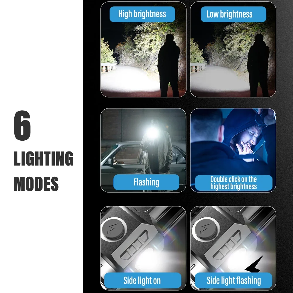 MINI linterna LED recargable, luz de Camping con luces laterales y cola de pantalla con imán, adecuada para explorar y acampar