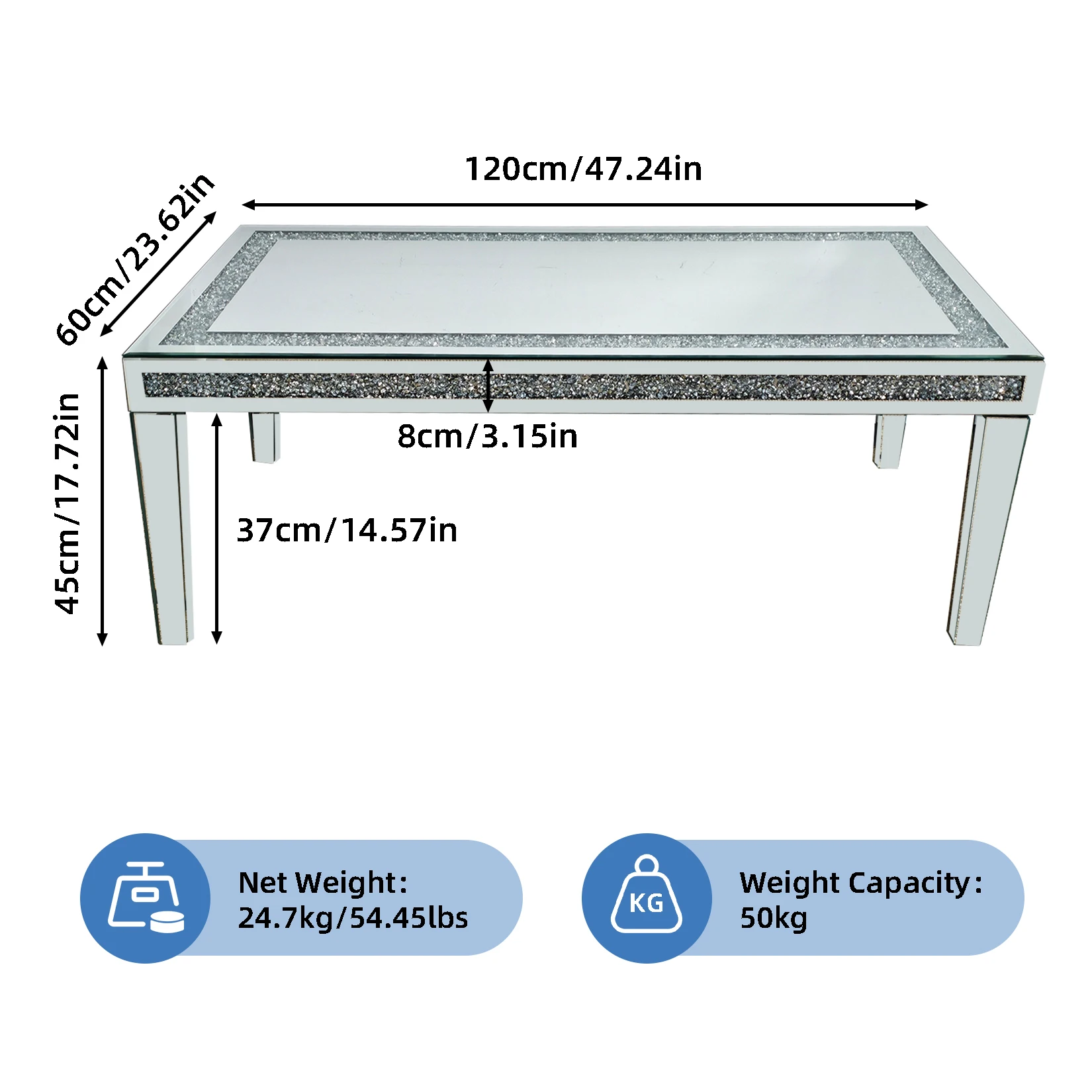 Grande mesa de centro retangular de cristal espelhada com diamante para móveis de sala de estar