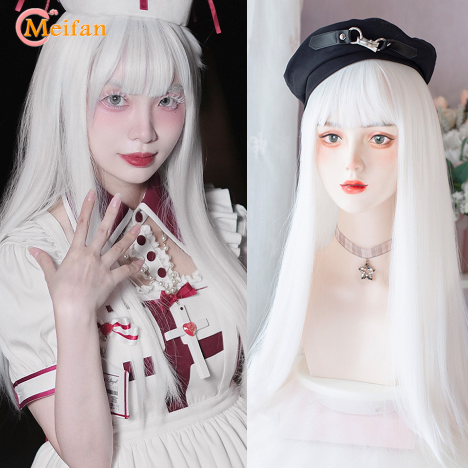 Meifan-フリンジ付き合成ロングコスプレウィッグ,ピンクのブロンド,黒,韓国のパーティー,かわいい,女の子,ハロウィーン
