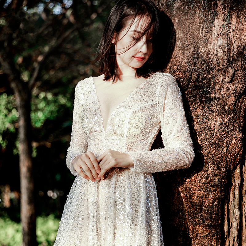 Vestido de noche largo transparente con cuello en V y lentejuelas, vestidos de fiesta de graduación para mujer