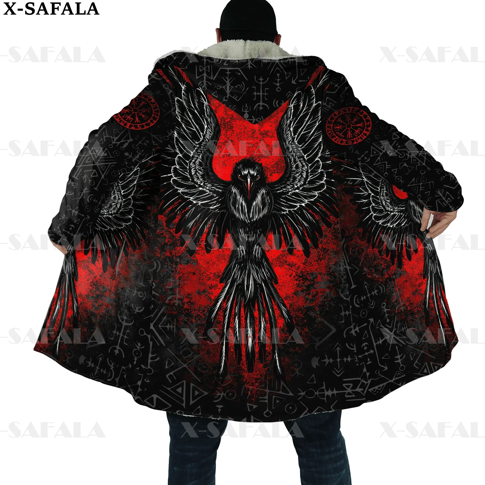 Viking odin tatuagem vegvisir rune raven grosso quente com capuz capa masculina casaco à prova de vento velo capa robe cobertor com capuz-3