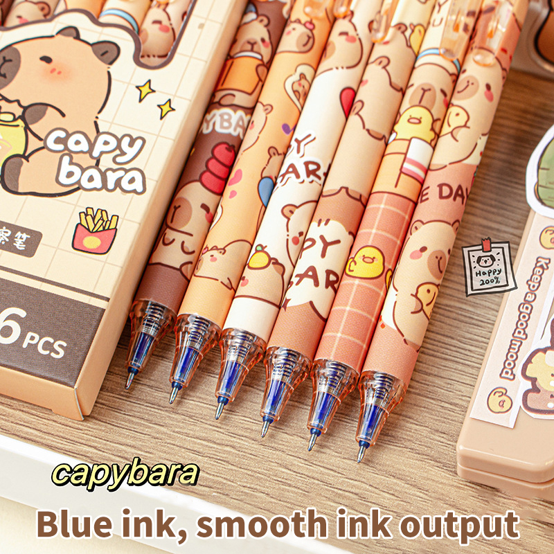 6 sztuk Kawaii Capybara zestaw długopisów żelowych czarny niebieski atrament szybkoschnący śliczne naciśnij długopisy żelowe estetyczne artykuły papiernicze szkolne materiały biurowe