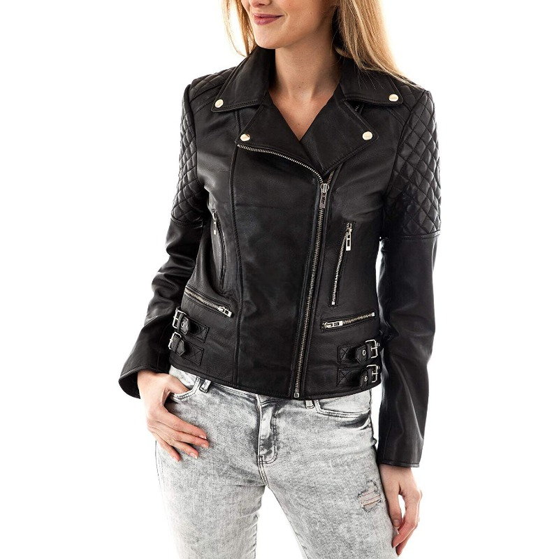 Echte authentische Lammfell-Lederjacke für Damen, schwarz geste ppter silberner Nieten mantel