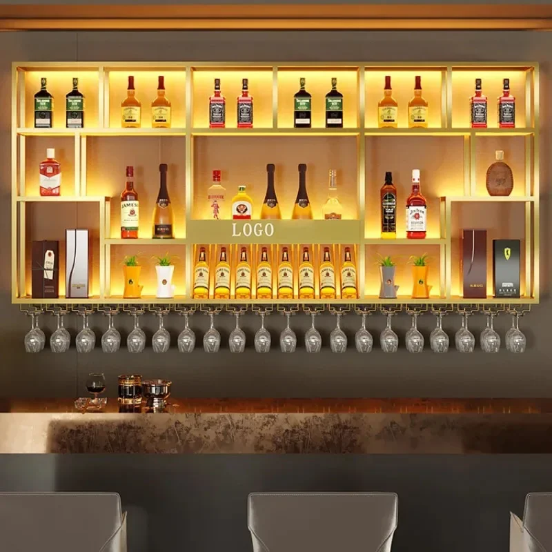 Retro Bar ตู้โมเดิร์นโลหะสไตล์อุตสาหกรรมบุฟเฟ่ต์เครื่องดื่มเก็บหรูหราติดผนังชั้นวางไวน์ทอง Wijnkast Club เฟอร์นิเจอร์