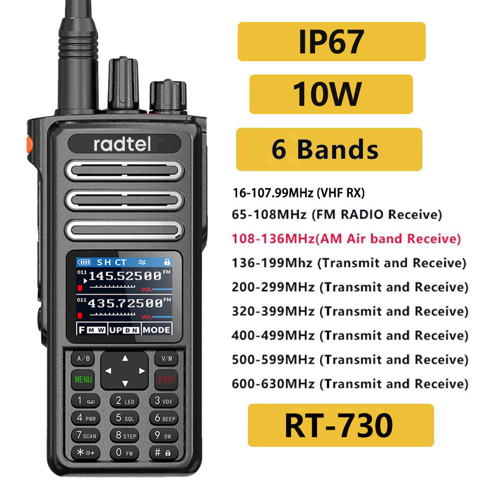 Radtel RT-730 IP67 Wodoodporny 10w Air Band Walkie Talkie Full Band Amateur Ham 199CH HT USB-C Battery NOAA FM AM UHF VHF Satcom