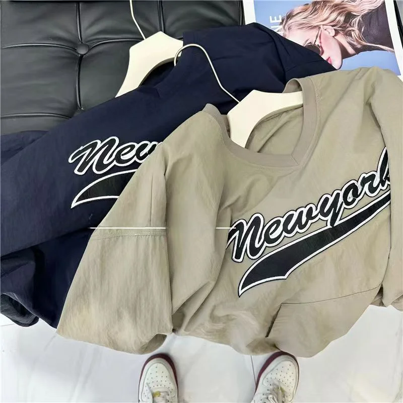 아메리칸 스타일 빈티지 편지 자수 충전기 스웨터 여성 봄 가을 루즈 피트 캐주얼 Drawstring v 넥 탑
