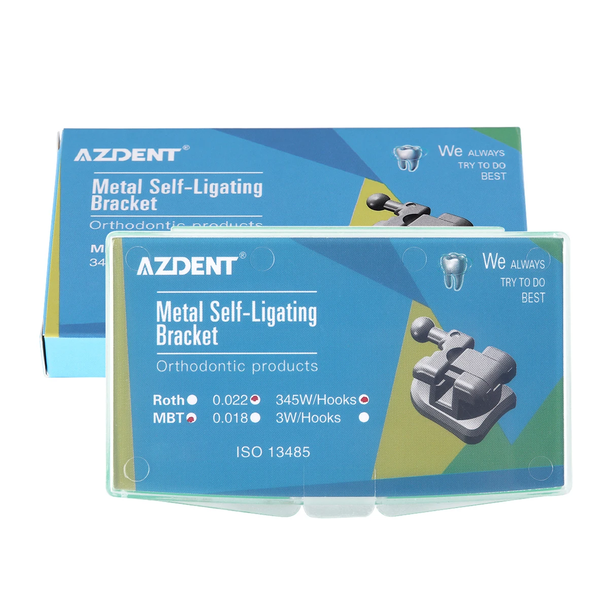 AZDENT 5 กล่องทันตกรรมวงเล็บจัดฟัน Passive Self Ligating MIM Monoblock พร้อม Buccal หลอด MBT/Roth 0.022 345 ตะขอ
