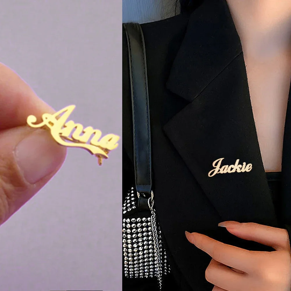 Broche de nome personalizado para mulheres, homens, personalizado, aço inoxidável, logotipo personalizado, pinos, placa de identificação, joias de casamento, presente