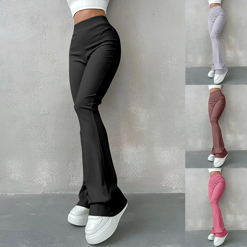Pantalon Slim côtelé pour femmes, couleur unie, taille haute, évasé, montrant les jambes plus longues, pantalon de sport Long assorti