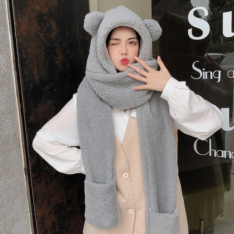 Lamm Samt Hut Frau Winter Warm Und Kalt Mit Kapuze Schal Handschuhe 3-in-1 Sets Weibliche Nette Bär ohr Schutz Baumwolle Kappe Mit Ohren