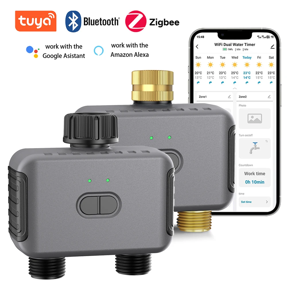Inteligentny podwójny programator nawadniania Tuya Smart Bluetooth/Zigbee, zewnętrzny sterownik nawadniania kropelkowego do ogrodu, programator opóźnienia deszczu