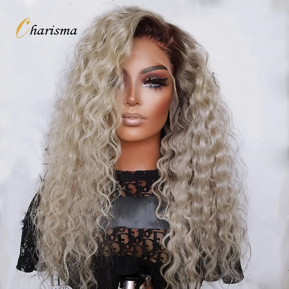 Pelucas frontales de encaje carisma ombré, pelo sintético para mujer, fibra resistente al calor, raíces marrones, pelucas sintéticas, peluca rizada larga