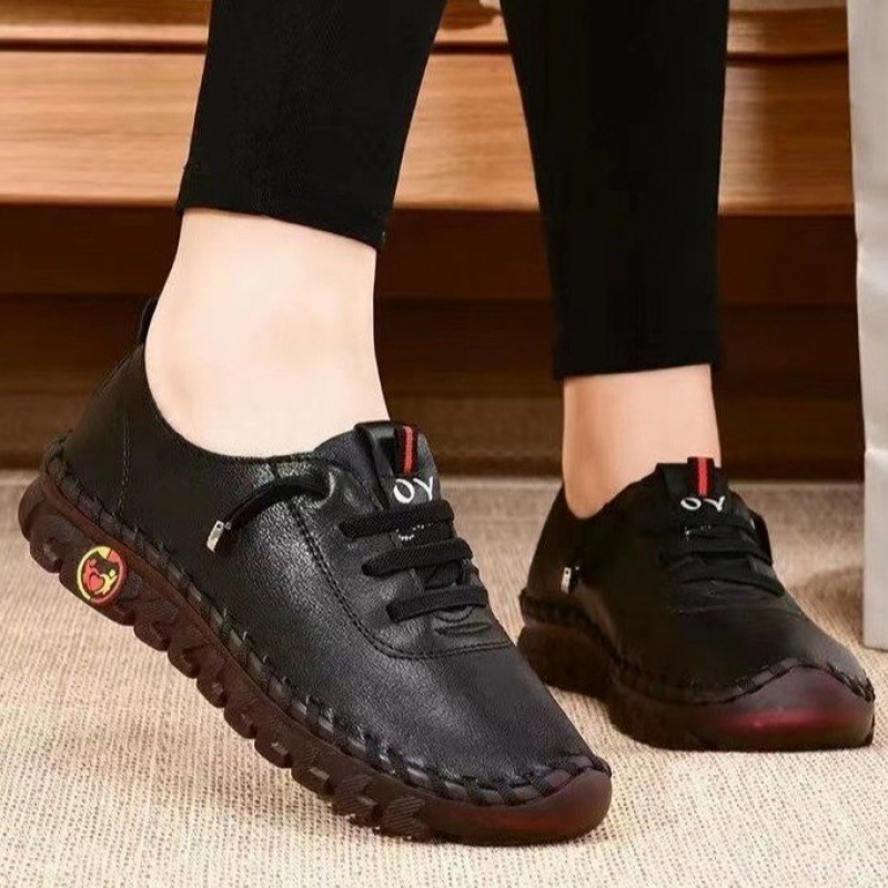 2025, Frühling und Herbst, handgenähte Einzelschuhe, große Damenschuhe, Mutterschuhe mittleren Alters, weiße Schuhe, flache Freizeitschuhe