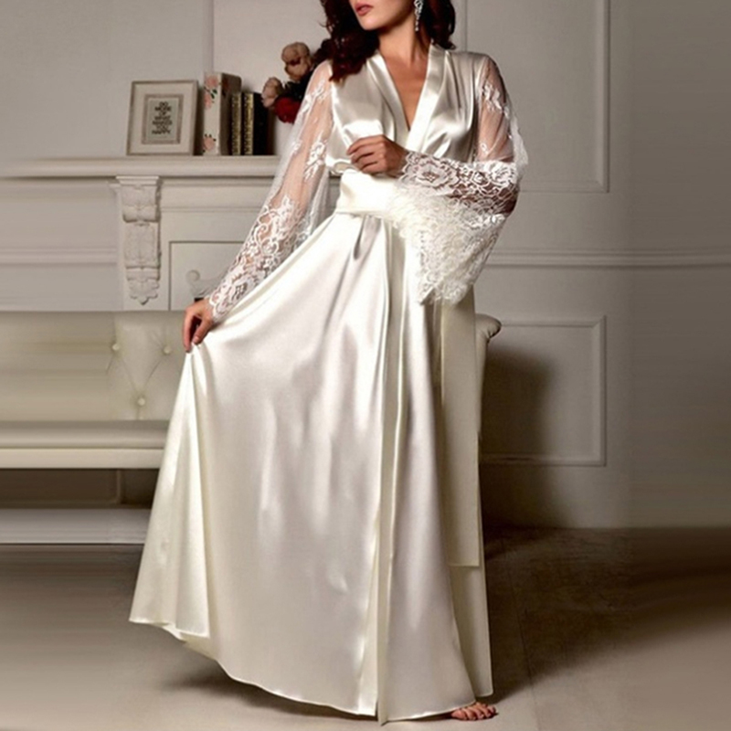 Feminino rendas retalhos roupões longos camisola de seda macia roupão de banho para mulheres sleepwear senhoras sexy sleepwear
