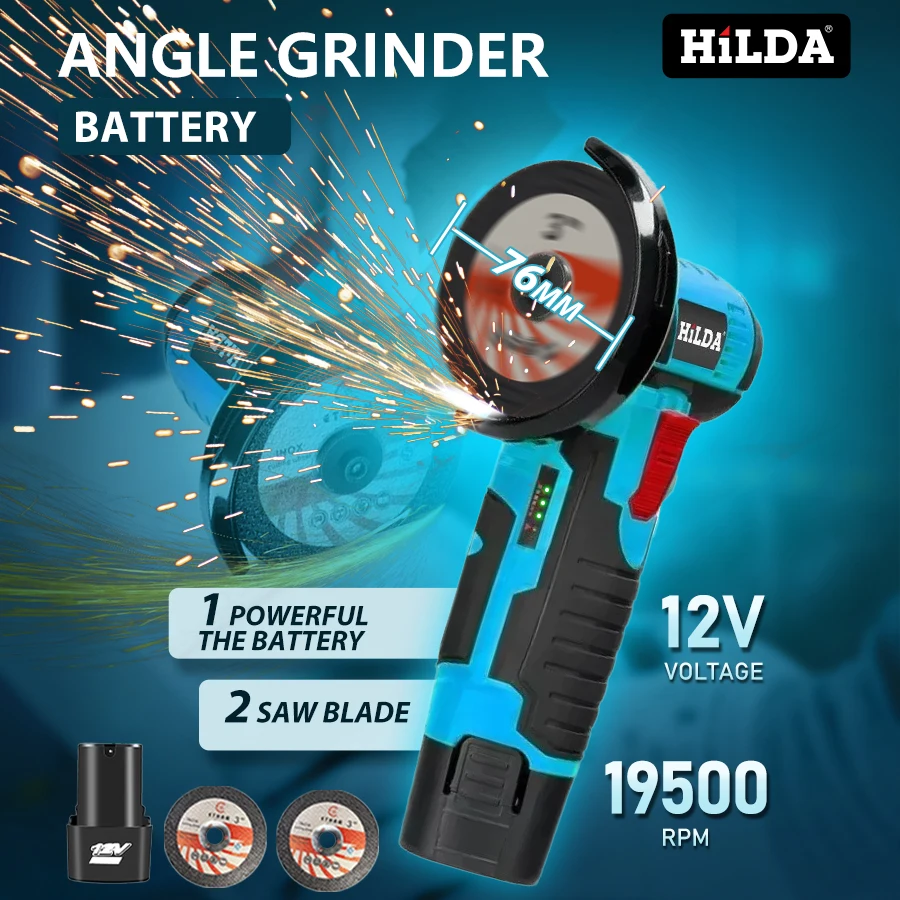 HILDA 12 V 3/4 Zoll Lithium-elektrischer Winkelschleifer, wiederaufladbarer Akku, bürstenlose/gebürstete Poliermaschine, Mini-Schneidemaschine