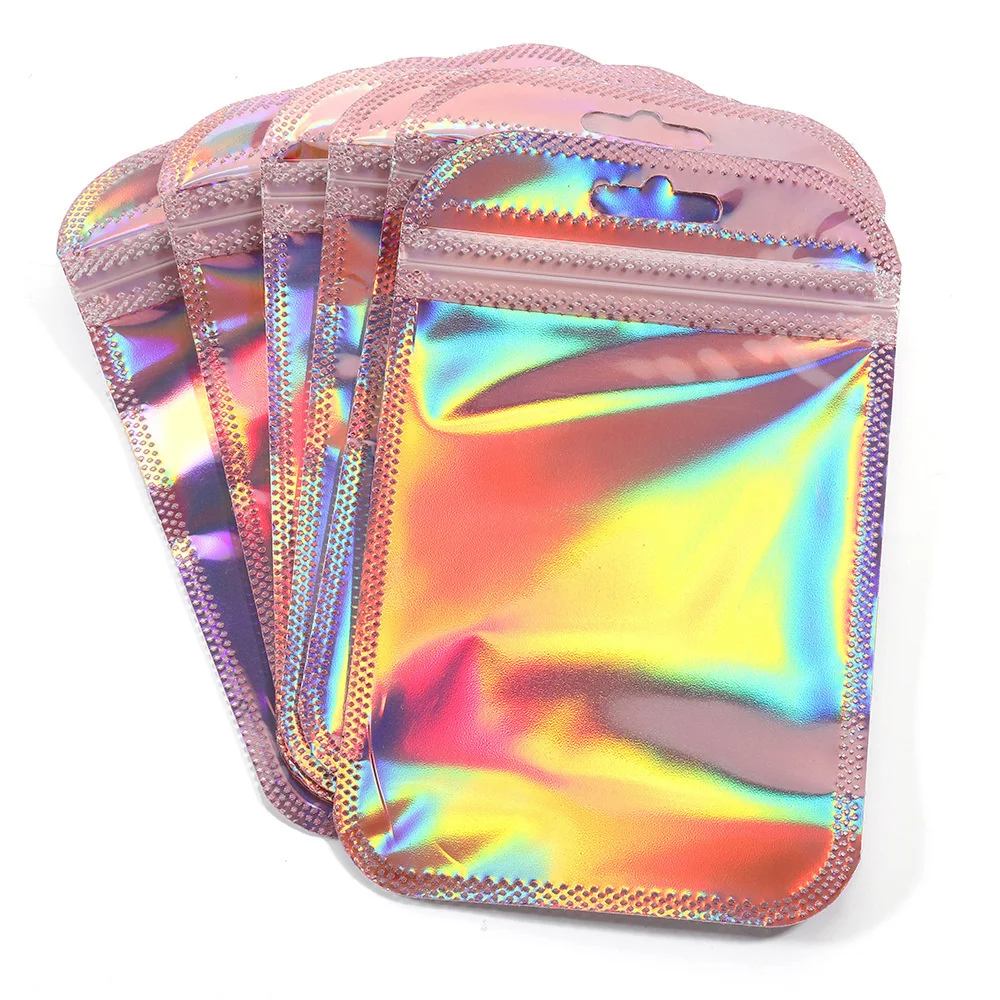 50/100 Stück schillernde selbstdichtende Beutel, rosa Laser-Kunststoffbeutel, wiederverschließbare Zip-Lock-Verpackung für Schmuck-Display-Einzelhandelsbeutel
