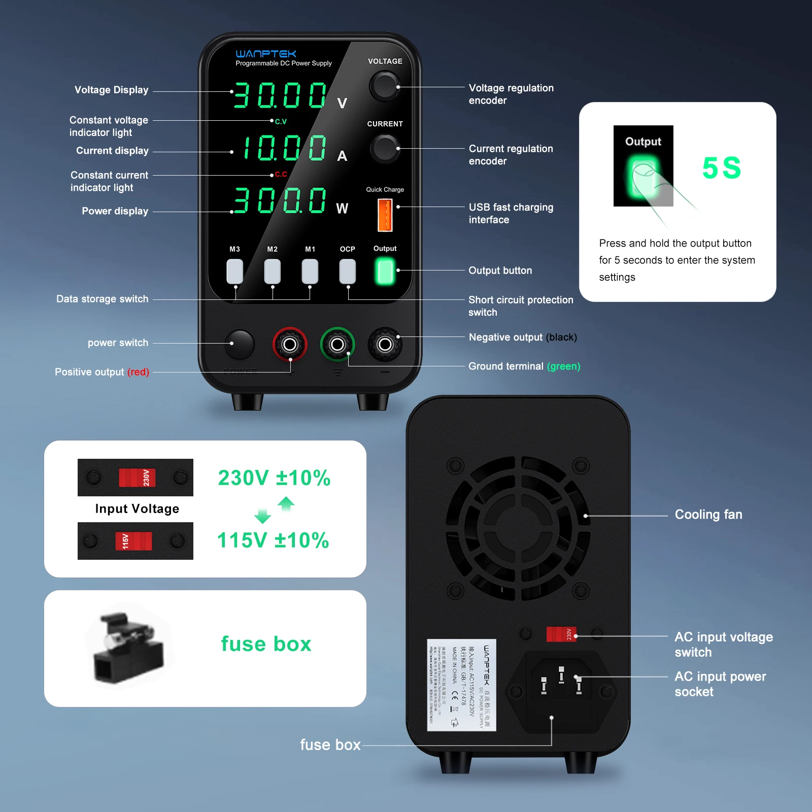 Wanptek DC Alimentatore da laboratorio regolabile 30V 10A 60V 5A 120V 3A con alimentatore da banco di ricarica rapida USB