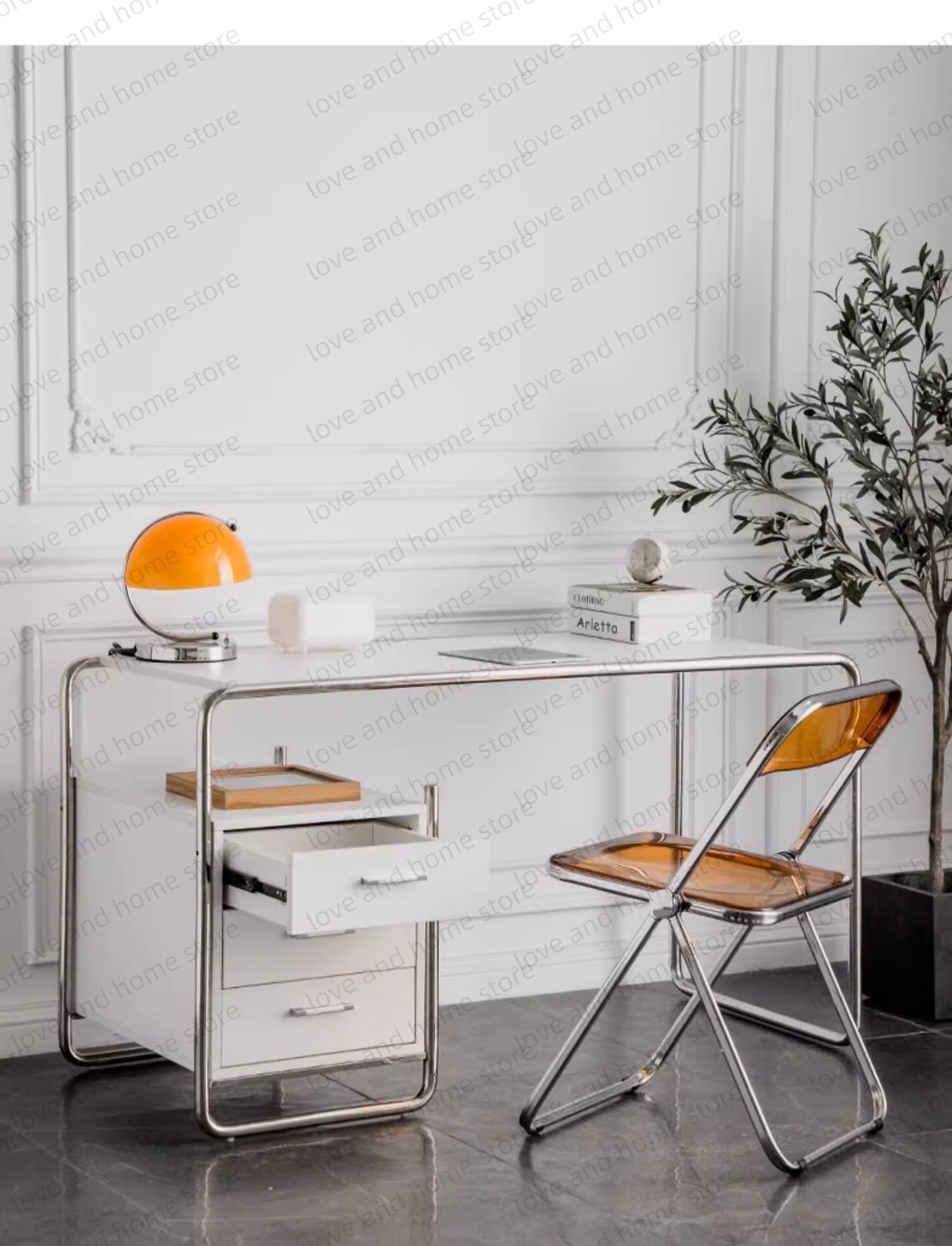 Bauhaus Escritorio de acero inoxidable MDF de acero tubular compacto con cajón Escritorio de computadora Escritorio de oficina