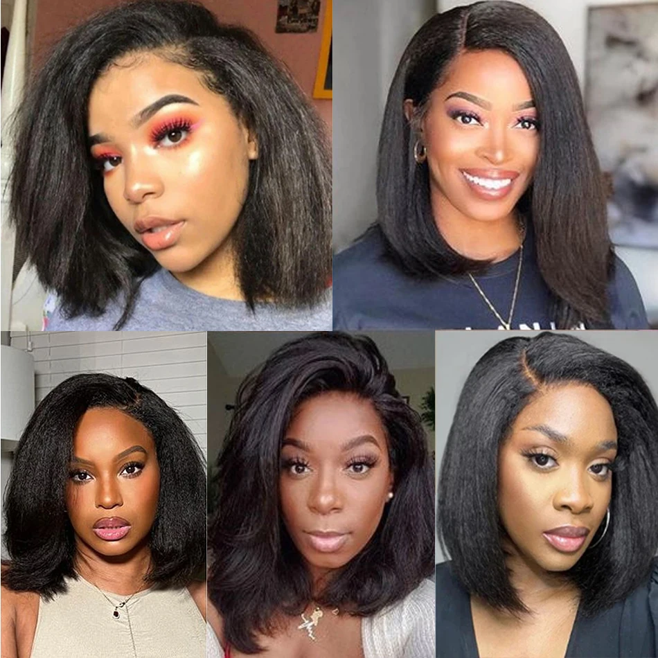 Kinky Rechte Korte Bob 100% Menselijk Haar Pruik voor Vrouwen 13x4 Front Transparant Kant Lijmloze Peruaanse Remy haar Zachte Yaki Bob Pruik