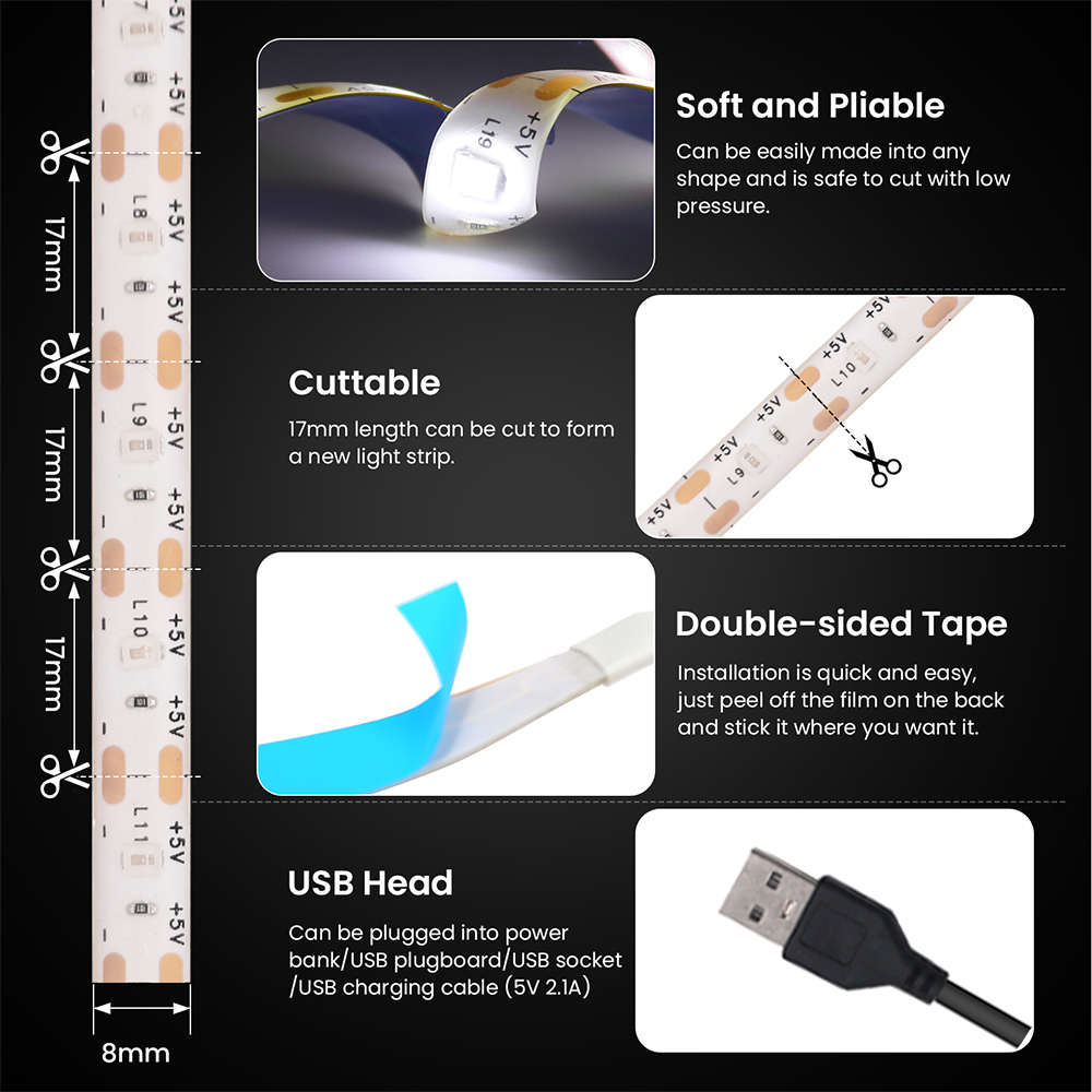 Tira de luces LED USB de 5V 2835 Interruptor táctil regulable 60Led retroiluminación TV cinta Flexible debajo del gabinete luz lámpara de noche blanco cálido rojo