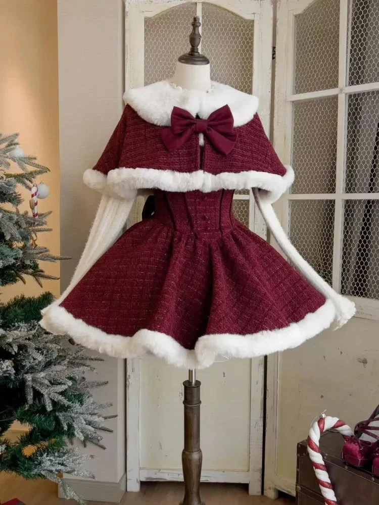 Conjunto de 3 piezas de Navidad y Año Nuevo, conjunto de vestido estilo dulce Lolita, chal de felpa con lazo elegante para mujer, chaquetas cortas, minifaldas, traje