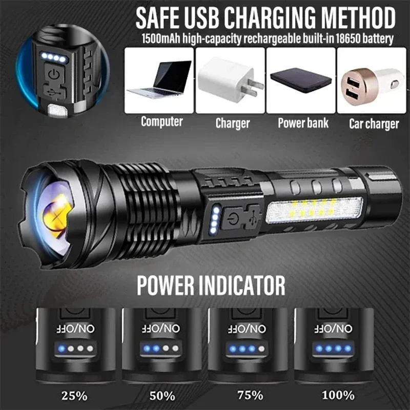 Potente linterna LED XHP50, resistente al agua, 18650 con luz lateral, 7 modos, linterna para acampar y pescar, lámpara con Zoom recargable por USB