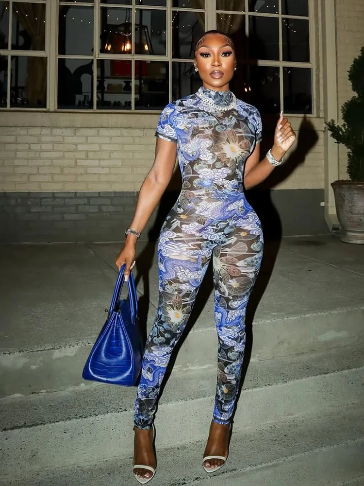 Nibber Kleurrijke Print Jumpsuit Dames Mesh Doorzichtige Coquette Zomer Backless Perzik Billen Strakke Activiteit Clubwear Overalls