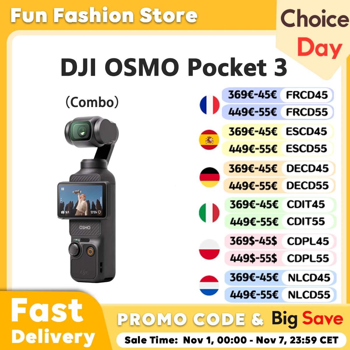 【Nave da UE】DJI OSMO POCKET 3 Combo ActiveTrack 6.0 Estabilização de 3 eixos D-Log M ColorOSMO POCKET 3 de 10 bits