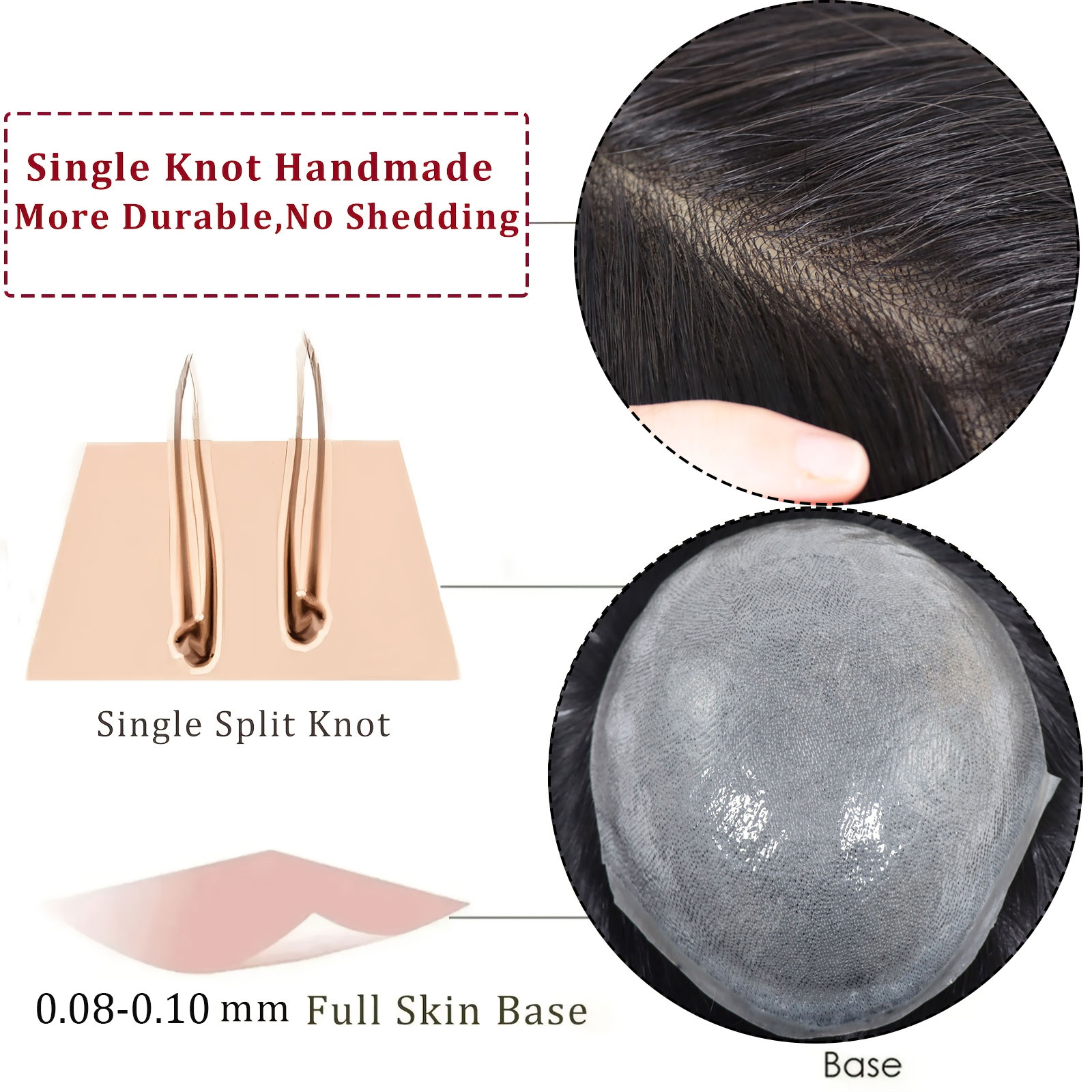 0.08-0.10MM noeud unique complet PU toupet pour hommes cheveux humains naturel noir hommes perruque hommes capillaire prothèse cheveux unité remplacement