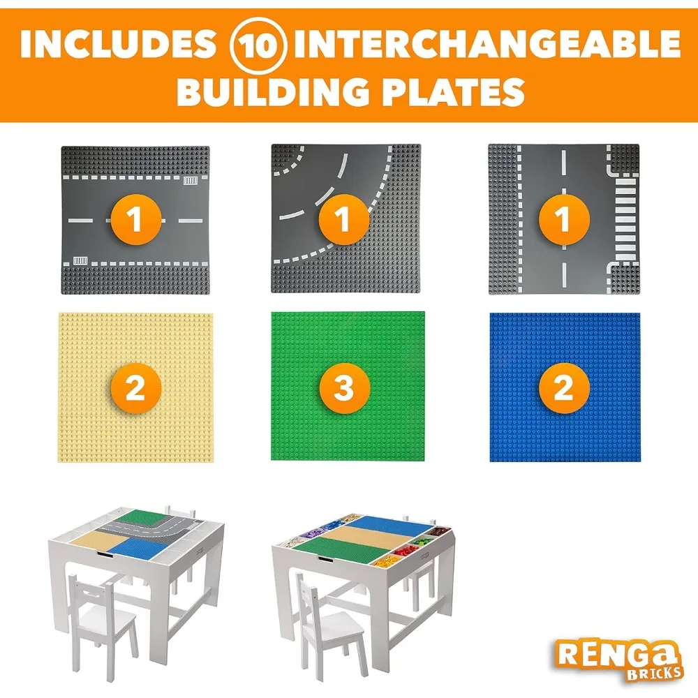2 in 1 Play Table and 2 Chair Set with Storage, Compatible with Lego and Duplo Bricks, Activity Table Playset Furniture