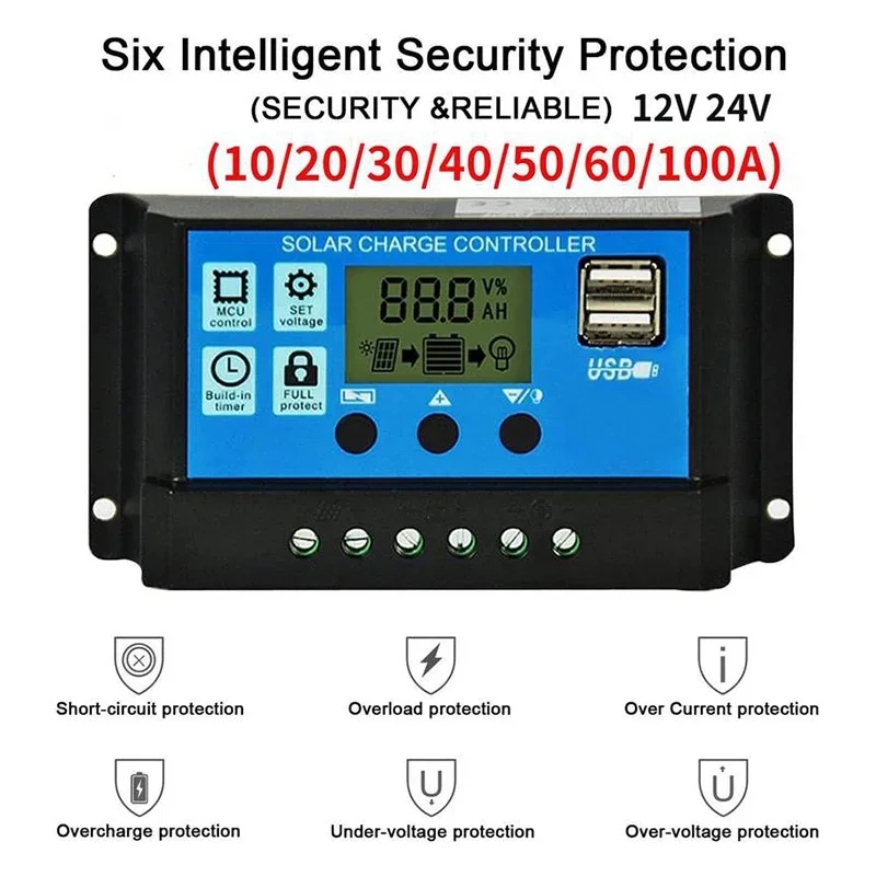 Solarladeregler 10A 20A 30A 40A 50A 60A 100A LCD-Display Dual USB Auto Solar Panel Ladegerät Regler für Batteriesystem