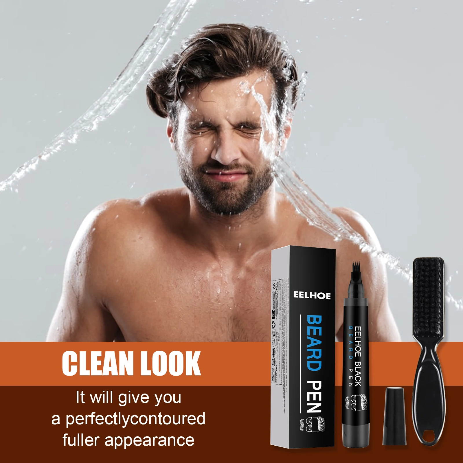 Caneta de enchimento de cabelo com kit de escova, preto/marrom, à prova d'água, quatro pontas, lápis de enchimento de barba para cabelo, sobrancelha, cílios, barba, enchimento de cabelo
