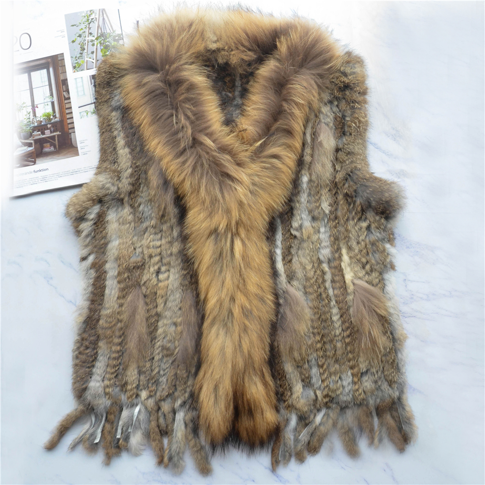 ผู้หญิงของแท้ขนสัตว์กระต่ายจริงเสื้อกั๊กเสื้อพู่ Raccoon ขนสัตว์เสื้อแจ็คเก็ตเสื้อกั๊กขายส่ง Drop Shipping
