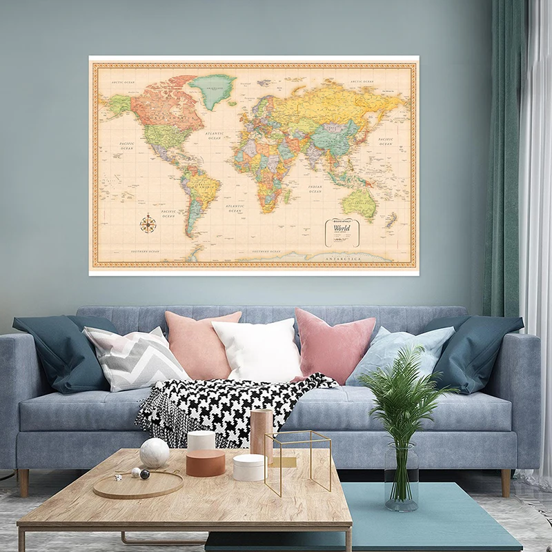 Mapa świata Classic Edition Winylowy dekor ścienny w sprayu Wiszący obraz Plakat Wydruki Tło do szkoły Domowe artykuły biurowe 120x80cm