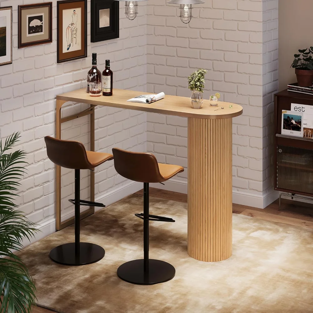 55" Long Bar Table, Fluted Wood Counter Height Pub Table, High Top Kitchen Breakfast Bar Tables with Sturdy Metal Frame