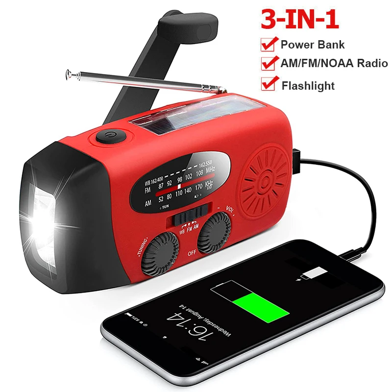 Radio meteorológica portátil multifuncional AM/FM/NOAA, manivela de emergencia, Banco de energía de Radio, carga Solar con linterna LED