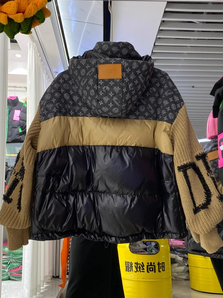 Mode Retro Denim Splicing Donsjack Winter Gebreide Mouwen Brief Bedrukt Losse Oversized Dikke Witte Eend Puffer Jas Vrouwen