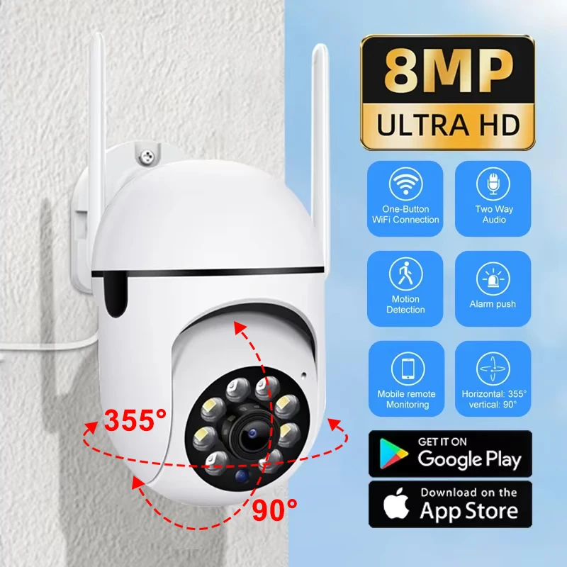 Câmera ip wi-fi de 8mp, zoom digital 8x, ai, rastreamento humano, câmera de vigilância, áudio bidirecional, hd, cor noturna, cctv, monitor de segurança doméstica