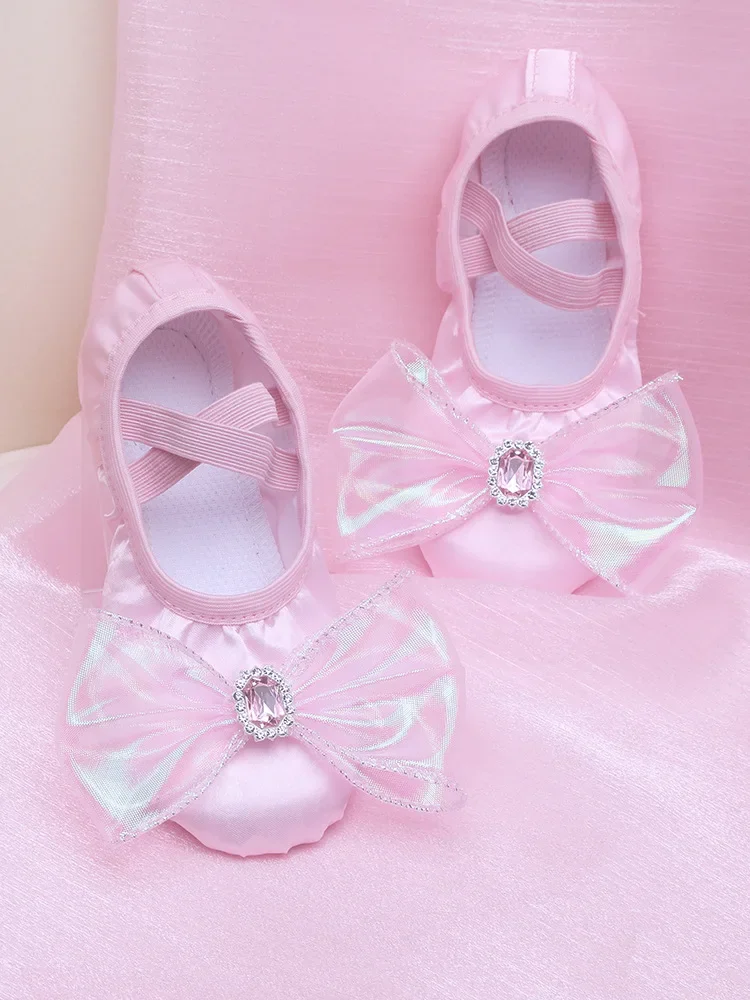 สาวโบว์การ์ตูนบัลเล่ต์รองเท้าเด็กรองเท้าแตะเต้นรํา Professional Soft Sole หญิงบัลเล่ต์โยคะยิมเด็กเต้นรํารองเท้า
