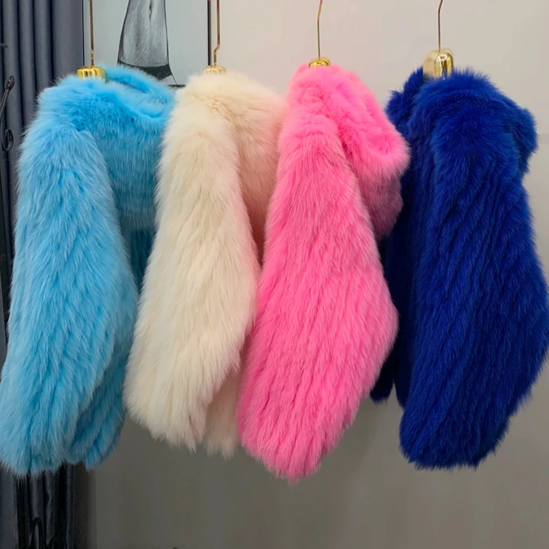 Jaqueta com capuz tecida em pele de raposa real para mulheres, feita de pele de raposa de alta qualidade, jaqueta grossa, roupas quentes com forro interno
