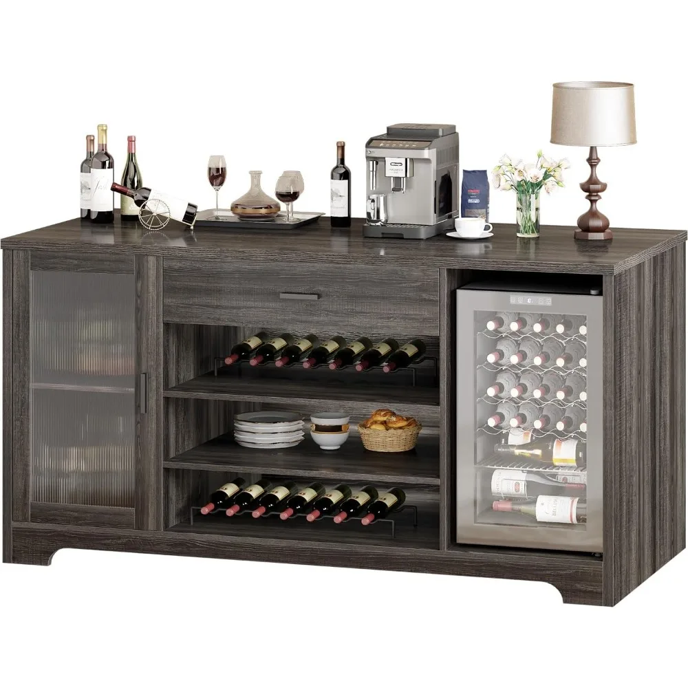 Coffee Bar Cabinet with Wine Mini Fridge Space, Farmhouse Large Liquor Cooler Cabinets with Drawer Storage Rack, Modern Wood Me