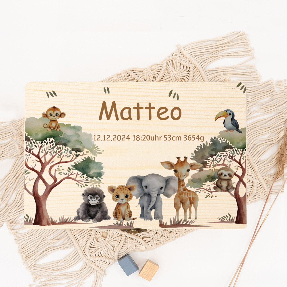 Caixa de memória personalizada com animais de viagem para armazenar lembrança, presente de batismo de bebê, caixas de estatísticas de nascimento para recém-nascidos, estojo de cordão umbilical