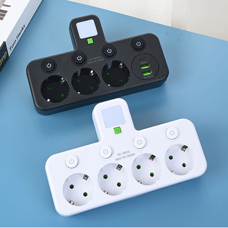 EU Plug Power Strip with 3 AC Outlets +2 USB Ports+ 1 Type C, 6-in-1 Plug Socket Adapter Wireless Wall Charger for Home Office